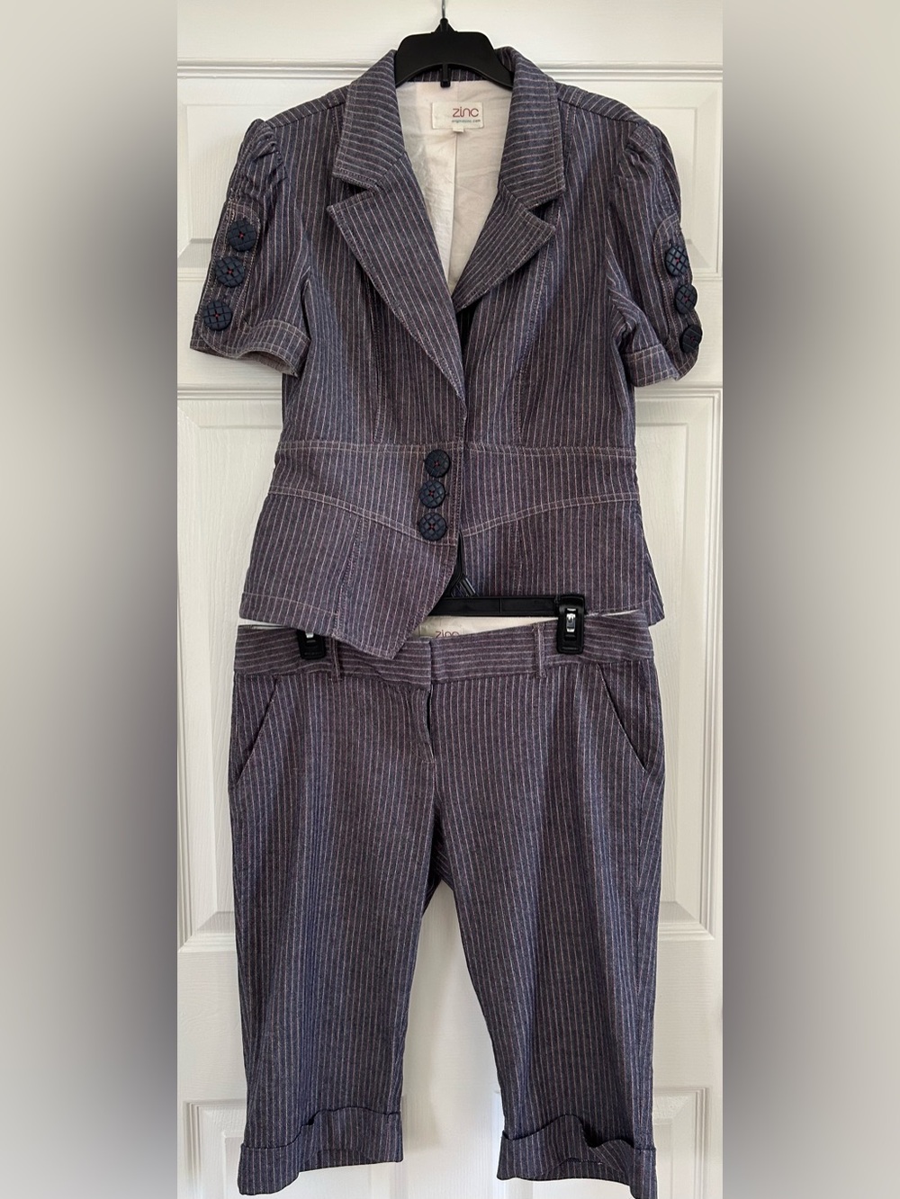 Zinc Gray Pinstripe Women’s Pantsuit Jacket & Cropped Pants